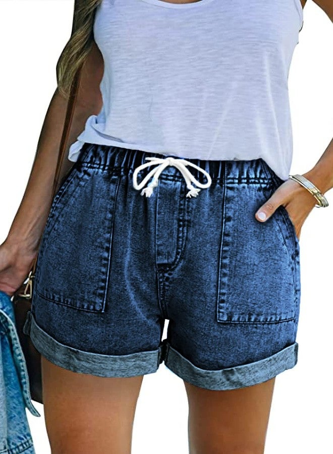 KINGFEN Women Denim Shorts Summer Beach Clothes Pull on Elastic Waist Stretchy Jean Shorts with Pockets Teen Girls Drawstring Cotton 5 Inch Fashion Comfy Cuffed Hem Cute Short Jeans Sky Blue X-Large - Image 1